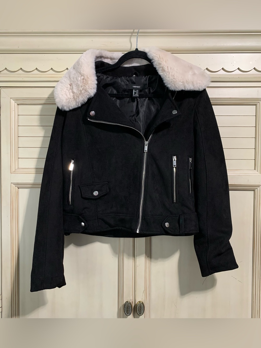 Black Forever 21 Moto Jacket Removable Faux Fur Collar Y2K Faux Suede Medium